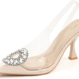Clear Slingback Heels Women 3Inches Rhinestones Dress Pumps for Wedding